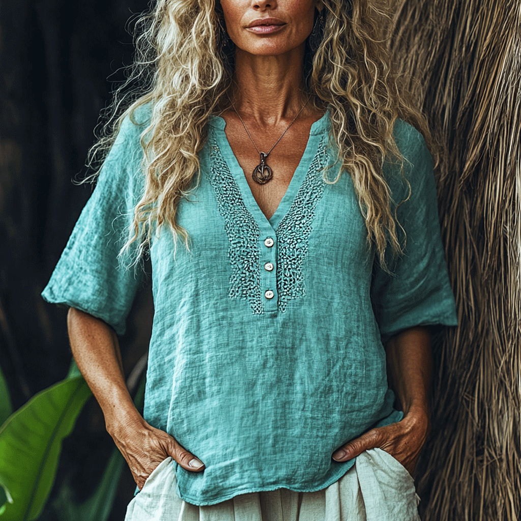 Women's Linen Bohemia Style Short-sleeved Breathable Top Shirt