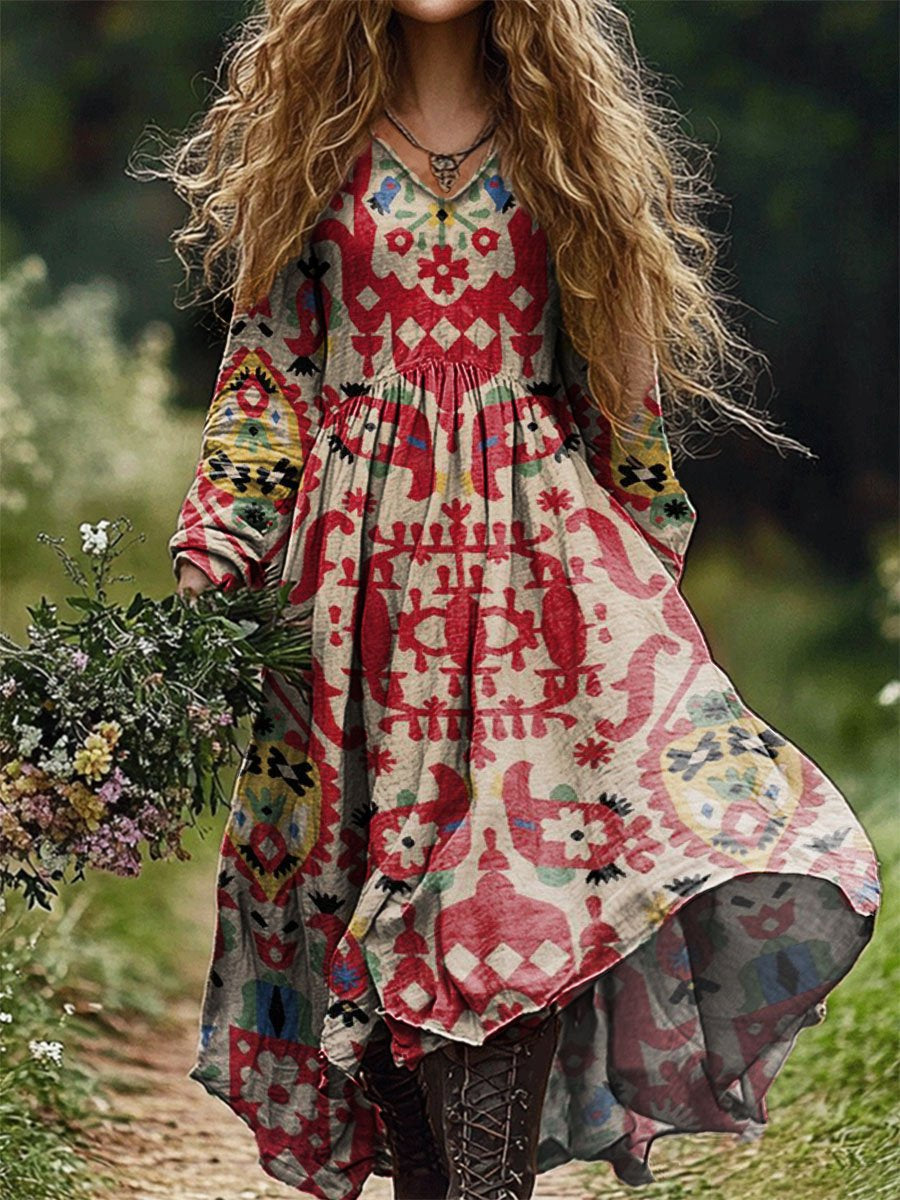 Women's Moroccan Flowers Print Pocket Cotton Dress