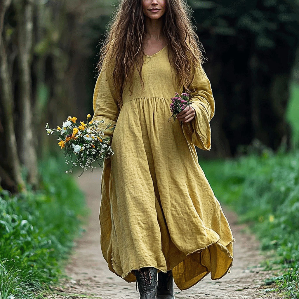 Women's Linen Bohemian Style Solid V-neck Loose Long-sleeve Maxi Long Dress