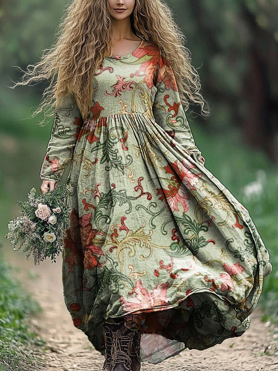 Women's Vintage Floral Art Print Pocket Cotton Dress