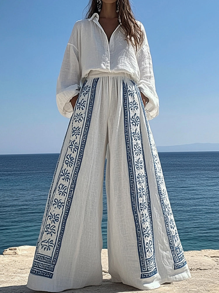 Women's Vintage Greek Key Embroidered Linen Lounge Pants 223d
