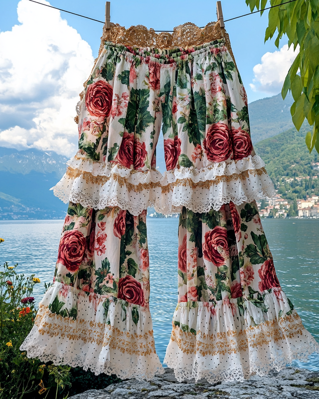 Summer ruffled cotton and linen patchwork contrast color pants 0eeb