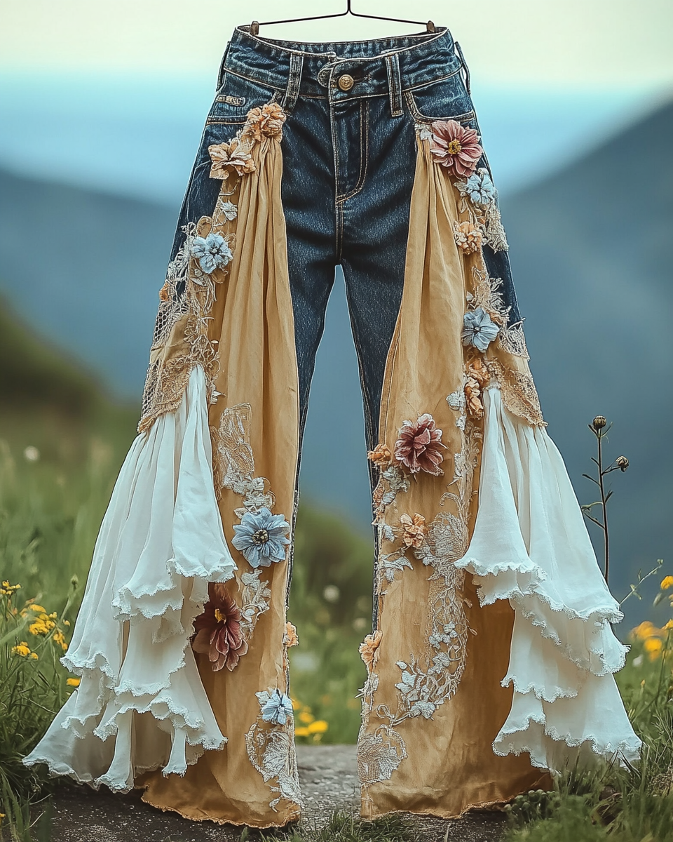 Summer ruffled denim cotton and linen patchwork contrast color pants 1cf3