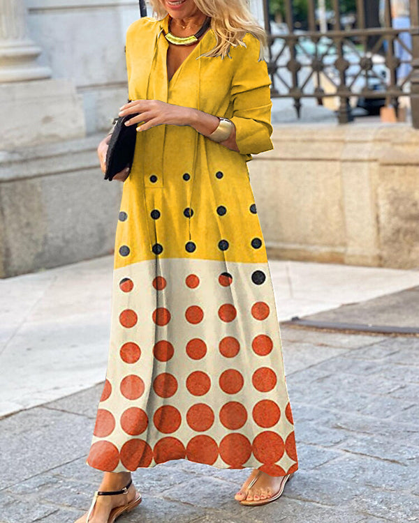 Retro Abstract Art Print V-Neck Long Sleeve Dress