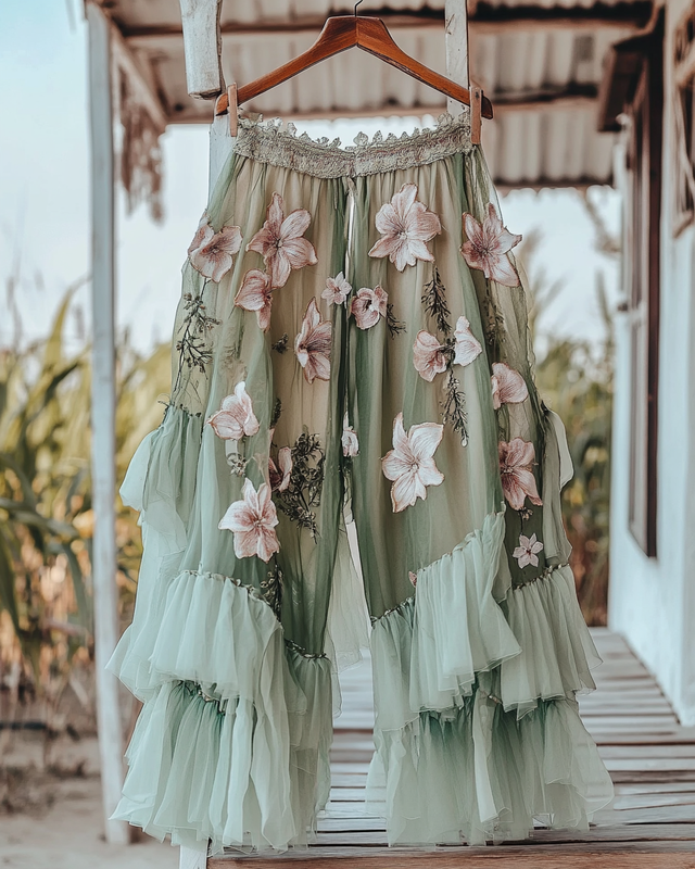 Summer Embroidered Ruffle Lace Patchwork Pants 4391