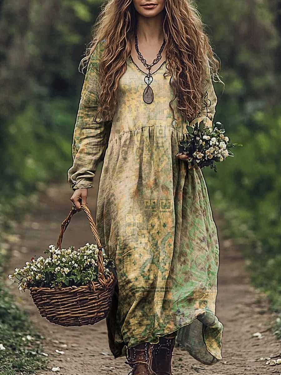 Women's Vintage Ethnic Print V Neck Pocket Cotton Dress