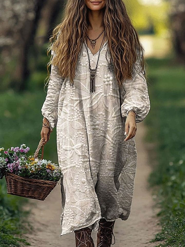 Women's Floral Texture Art Pattern Print Loose V Neck Pocket Cotton Dress
