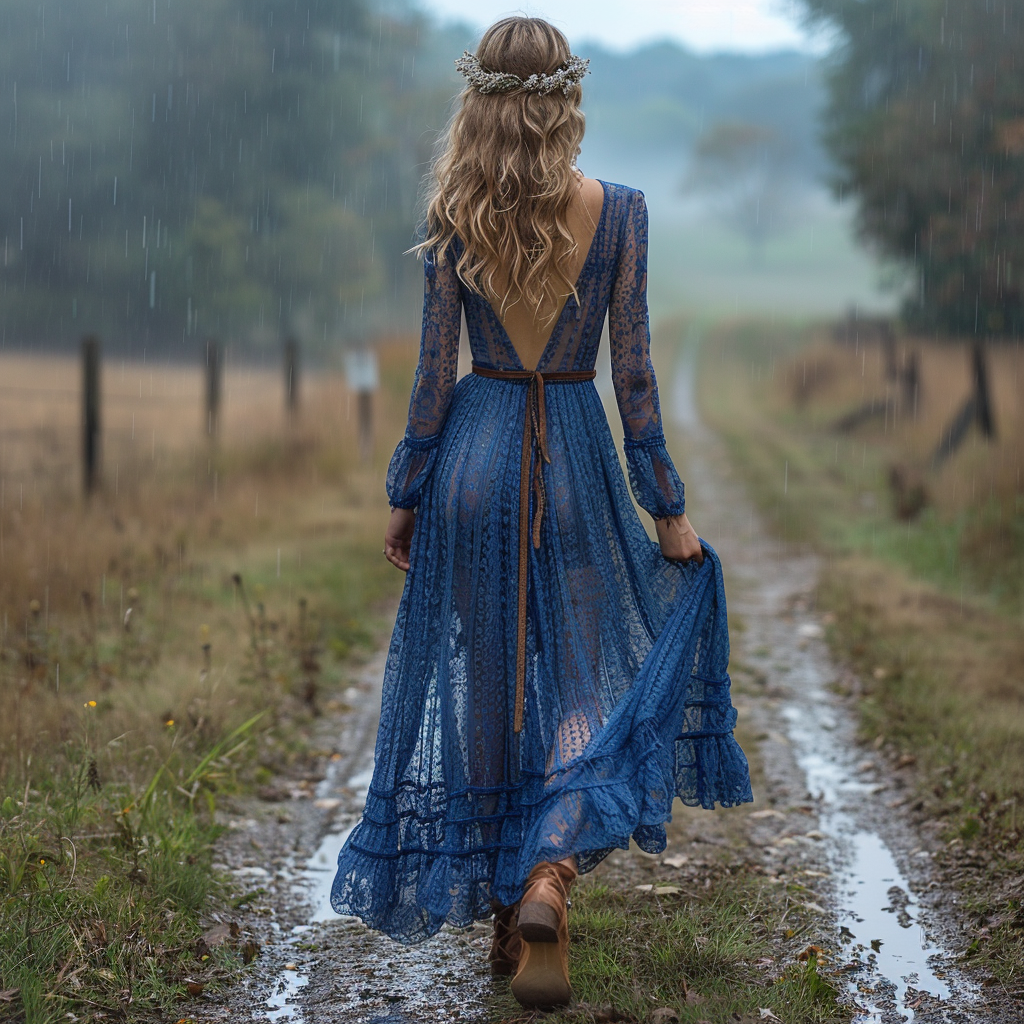 Women's Retro Pastoral Style Lace Long-sleeve Sexy Maxi Long Dress