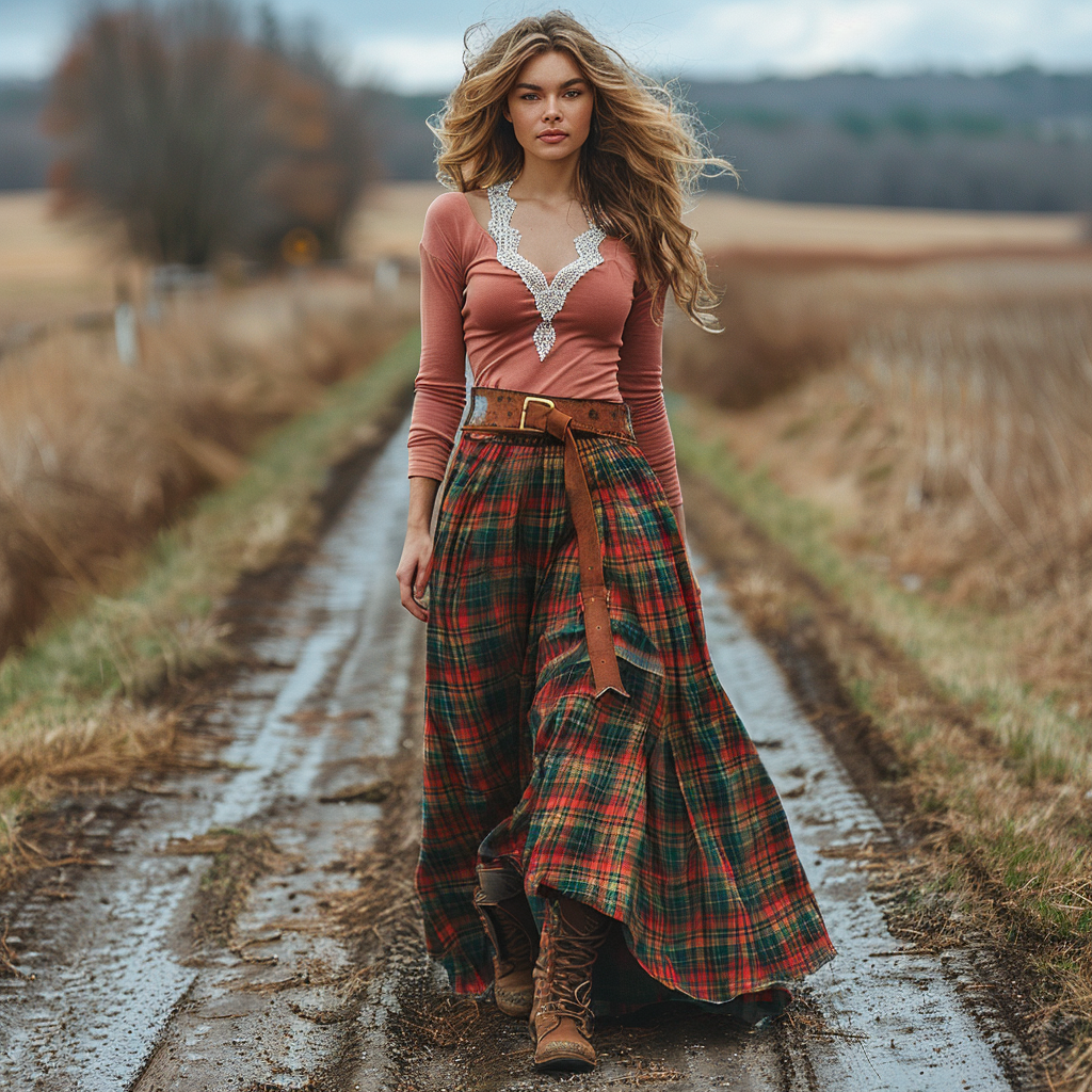 Women's Retro Plaid V-neck Long-sleeve Long Skirt Pastoral Style Maxi Long Dress