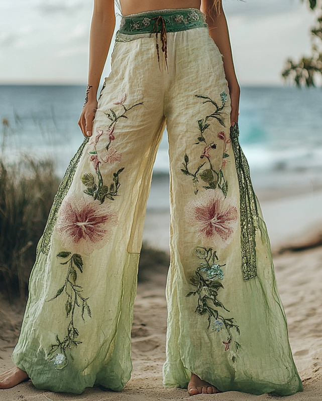 Summer Vacation Lace Handmade Floral Embroidery Pants c988
