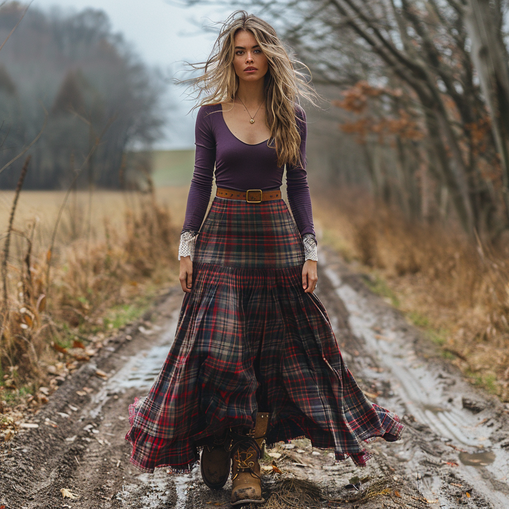 Women's Retro Plaid V-neck Long-sleeve Long Skirt Pastoral Style Maxi Long Dress