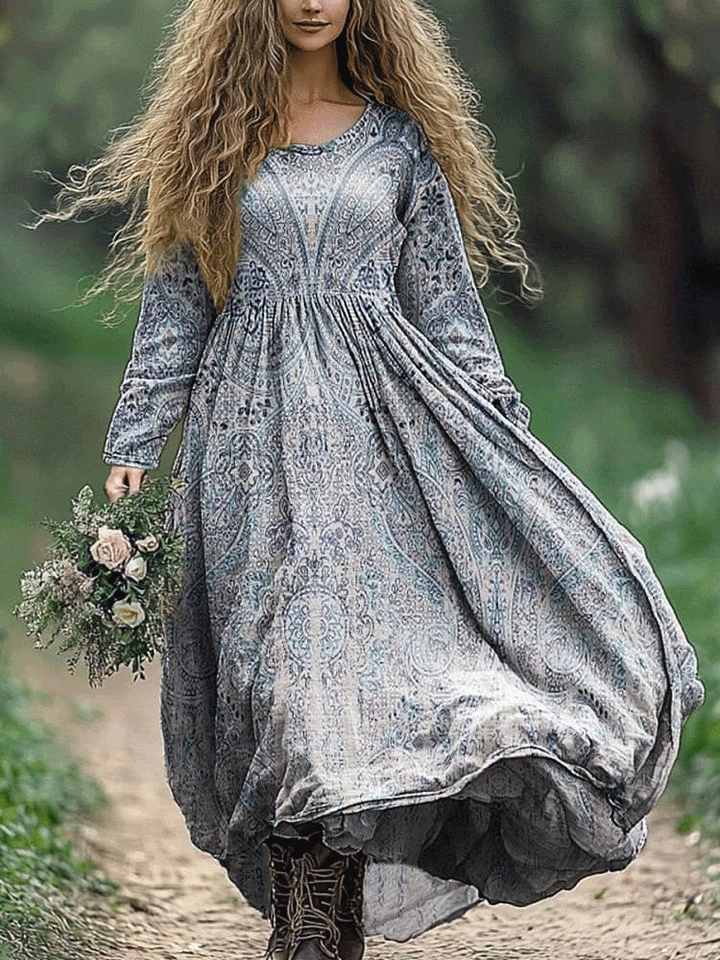 Women's Vintage Boho Print Crew Neck Pocket Cotton Dress