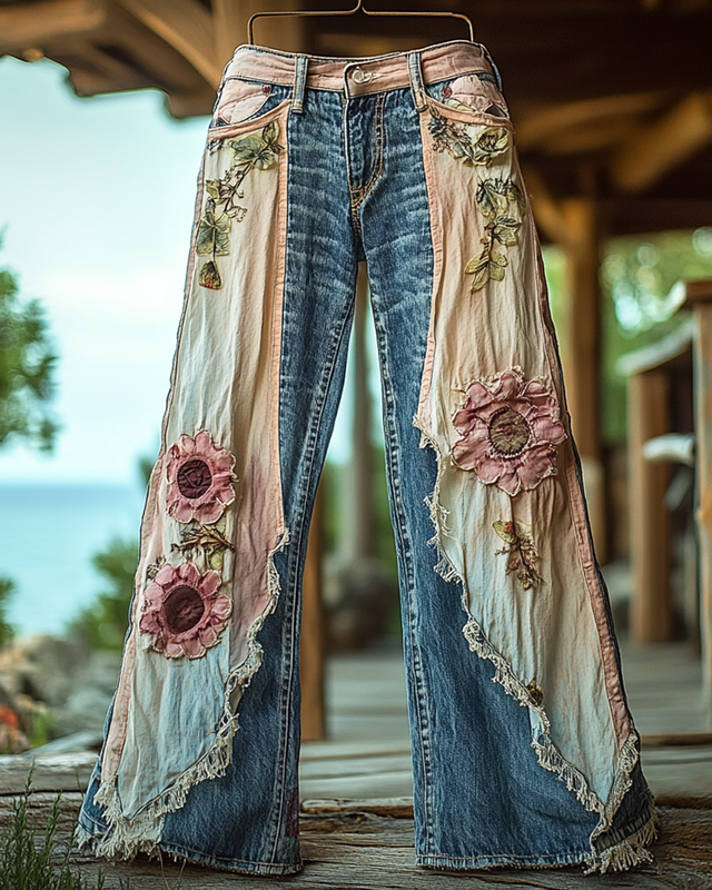 Summer Vacation Ruffle Floral Denim Patchwork Pants 630f
