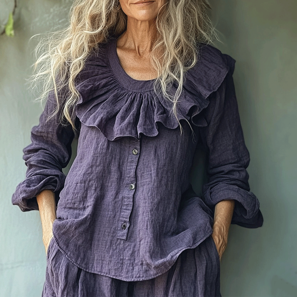 Women's Casual Linen Ruffled Long-sleeve Top Shirt