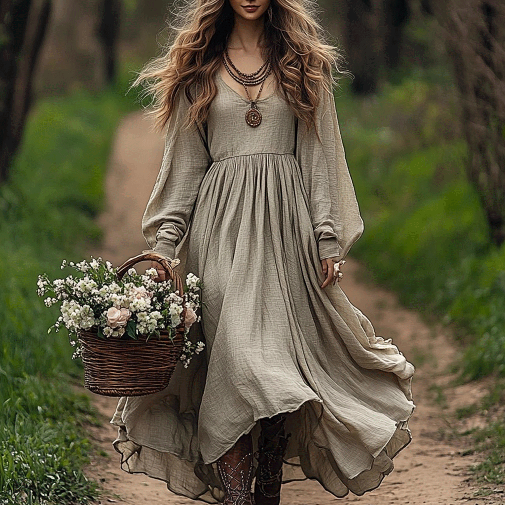 Women's Linen Bohemian Style Solid Color Casual Simple Maxi Long Dress