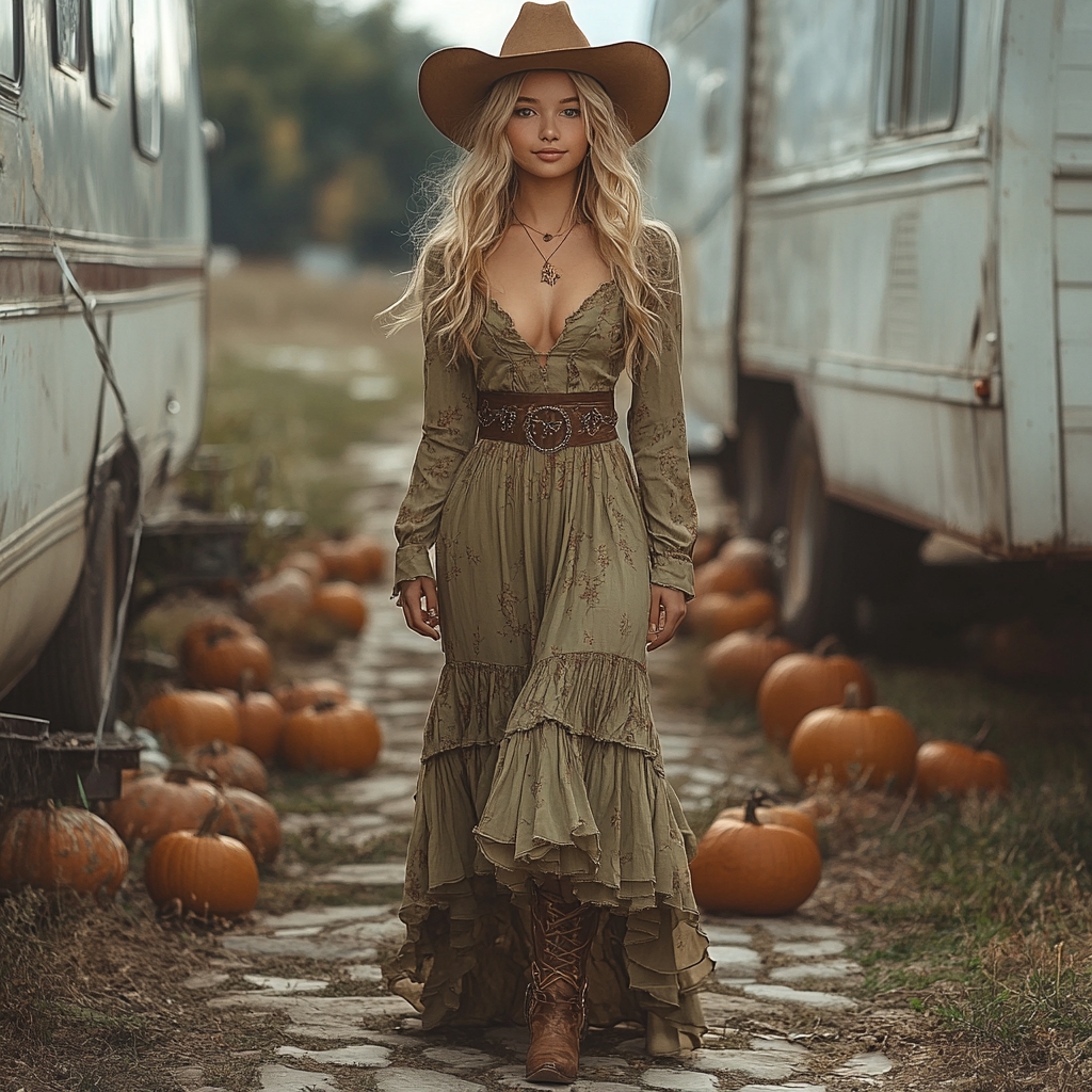 Vintage Cowgirl Style Halloween Floral Dress