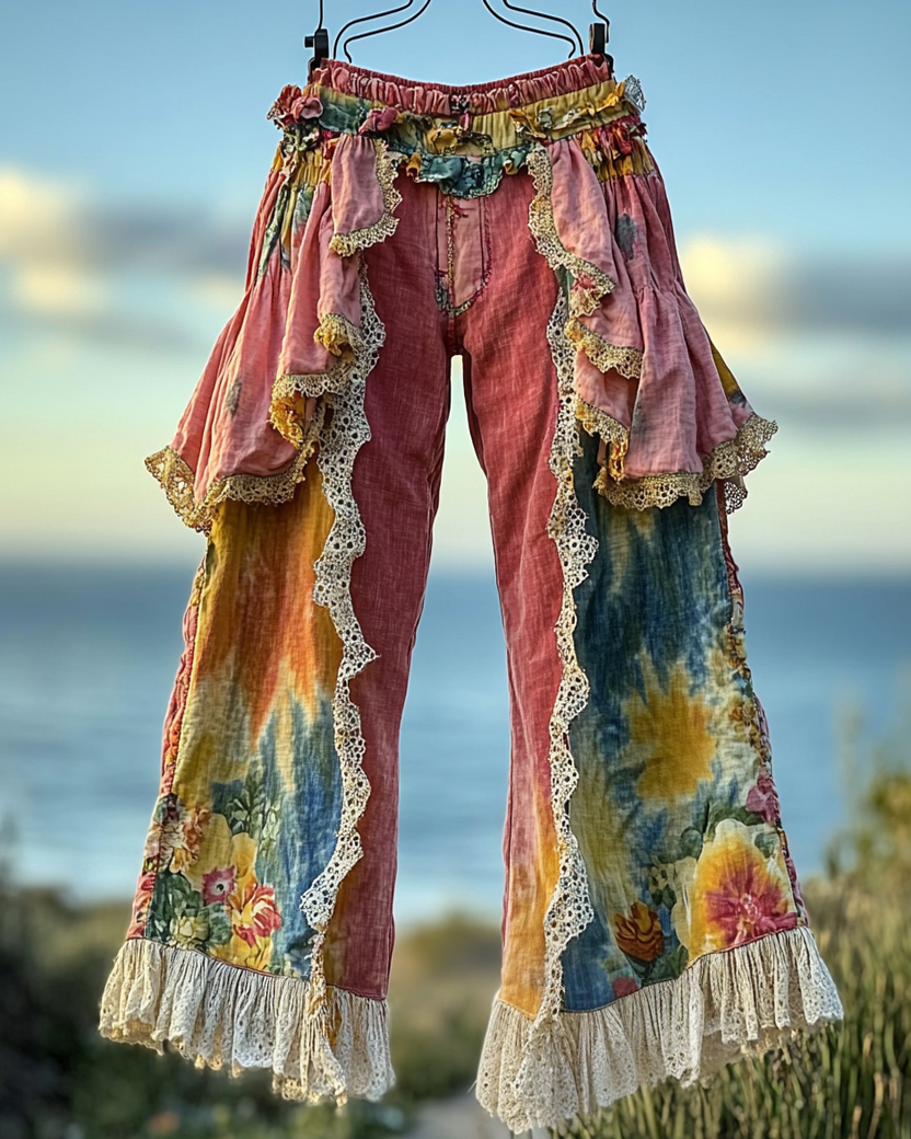 Summer ruffled denim cotton and linen patchwork contrast color pants 5dc0