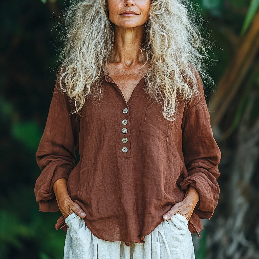 Women's Solid Linen Long-sleeve Top Shirt