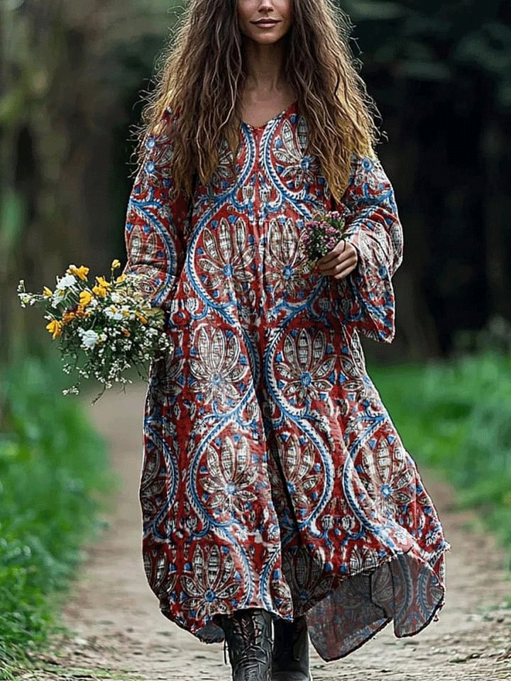 Women's Vintage Lovely Floral Art Print Pocket Cotton Dress