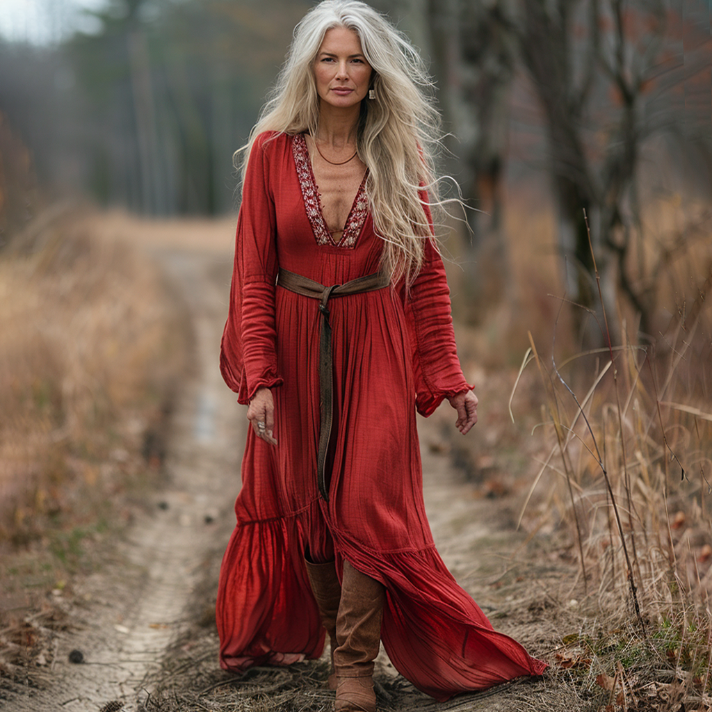 Women's Vintage Pastoral Style V-neck Linen Long-sleeve Maxi Long Dress