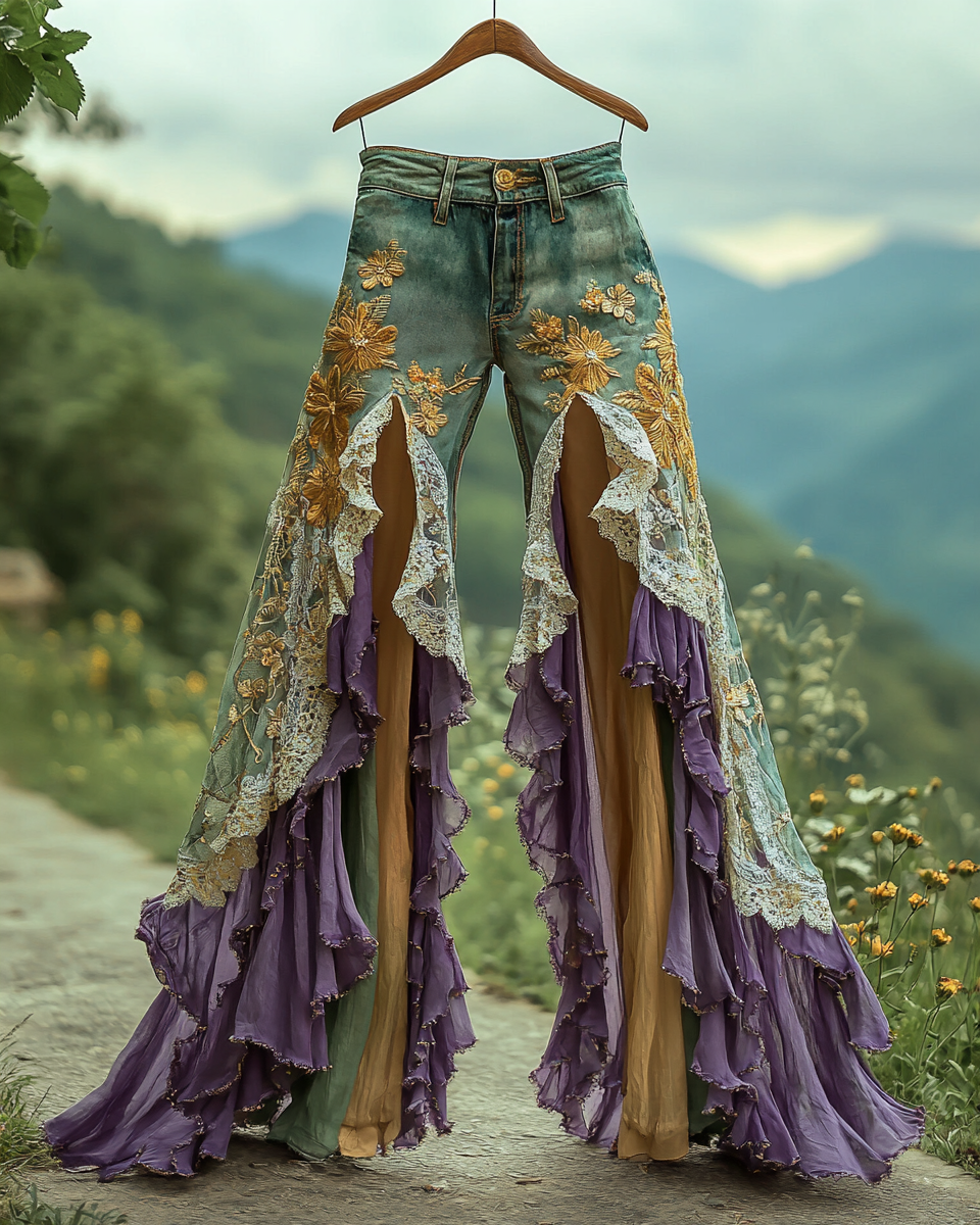 Summer ruffled denim cotton and linen patchwork contrast color pants 8764