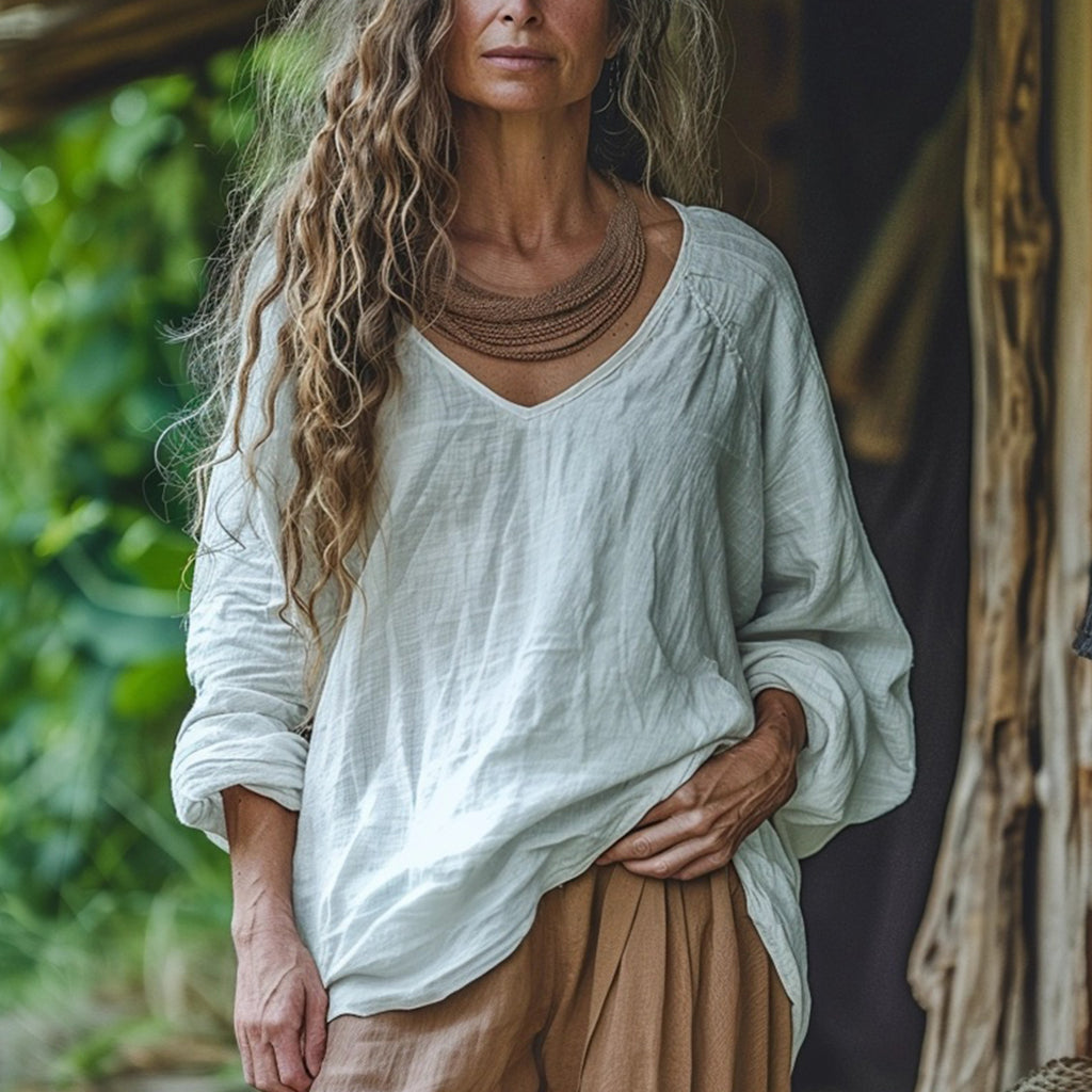 Women's Bohemian Linen Style Simple Casual Basic Long-sleeve Top Shirt