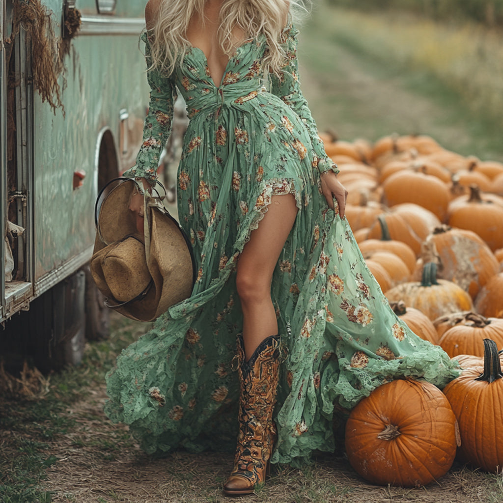 Vintage Cowgirl Style Halloween Floral Dress