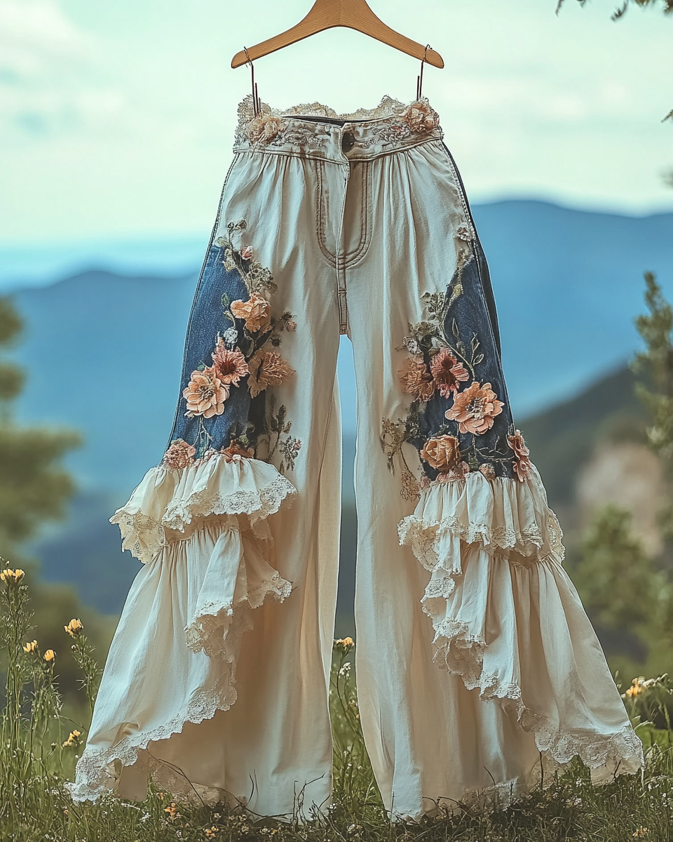 Summer ruffled denim cotton and linen patchwork contrast color pants 1e59