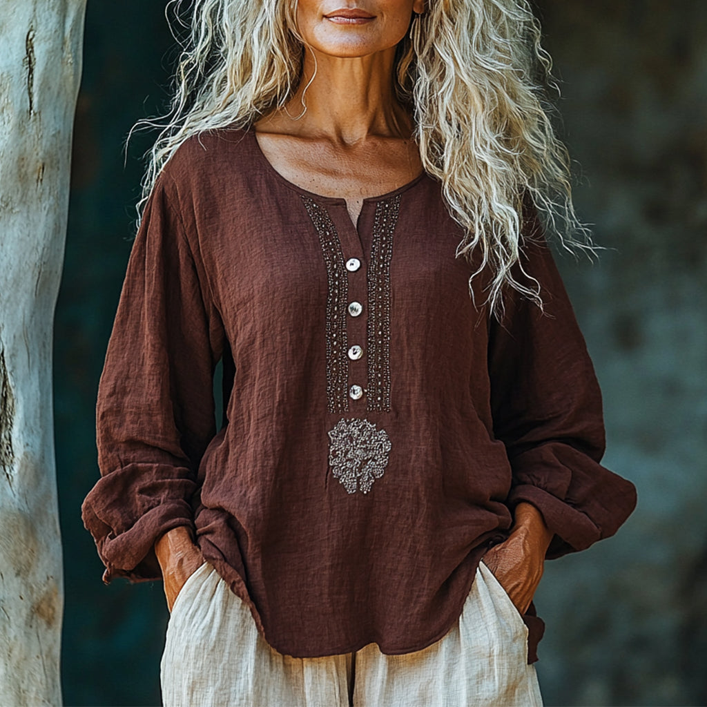Women's Linen Bohemian Simple Long-sleeve Top Shirt