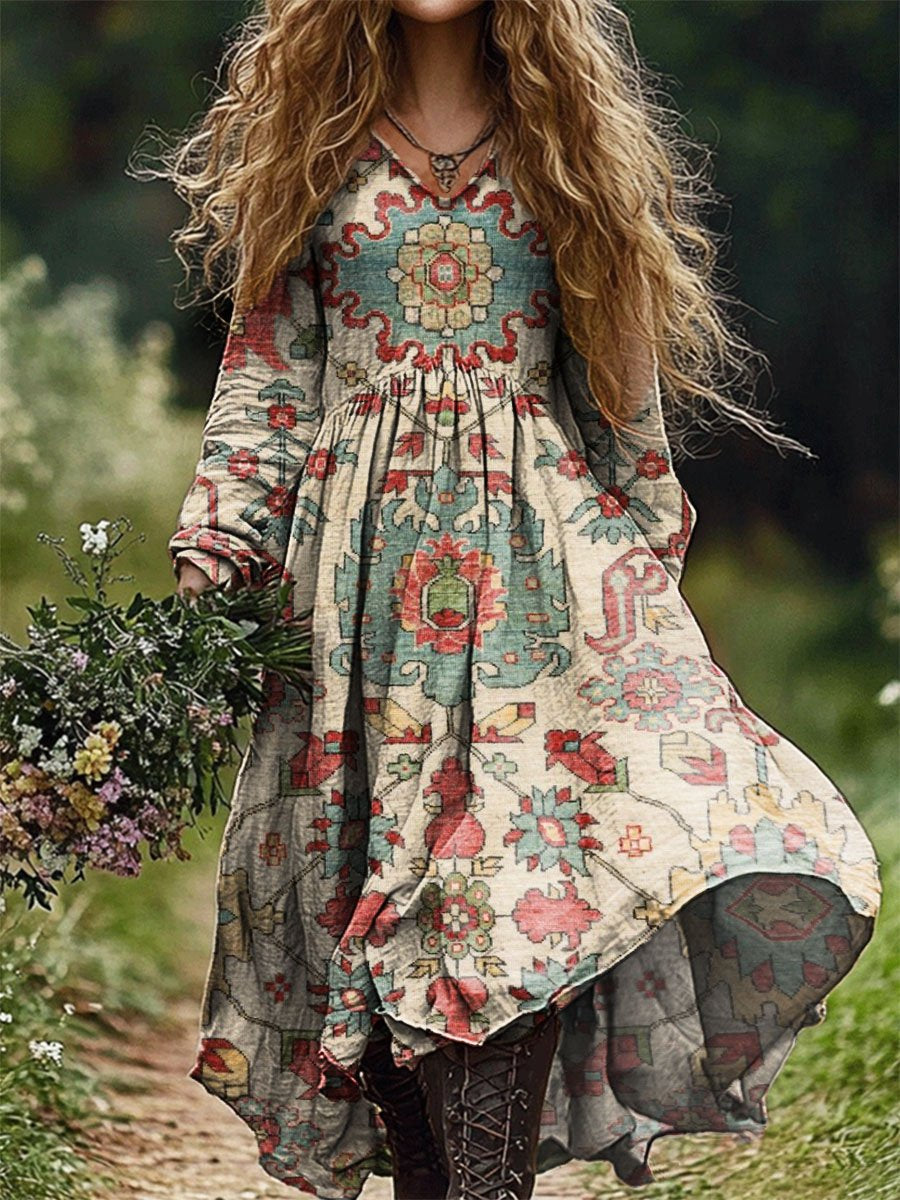 Women's Moroccan Flowers Print Pocket Cotton Dress