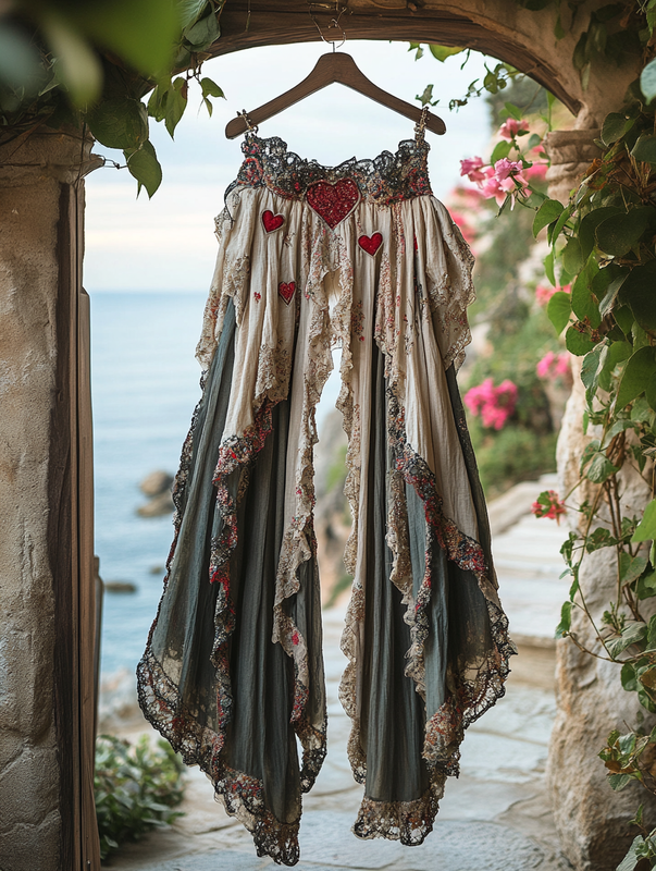 Summer ruffled cotton and linen patchwork contrast color pants 59b9