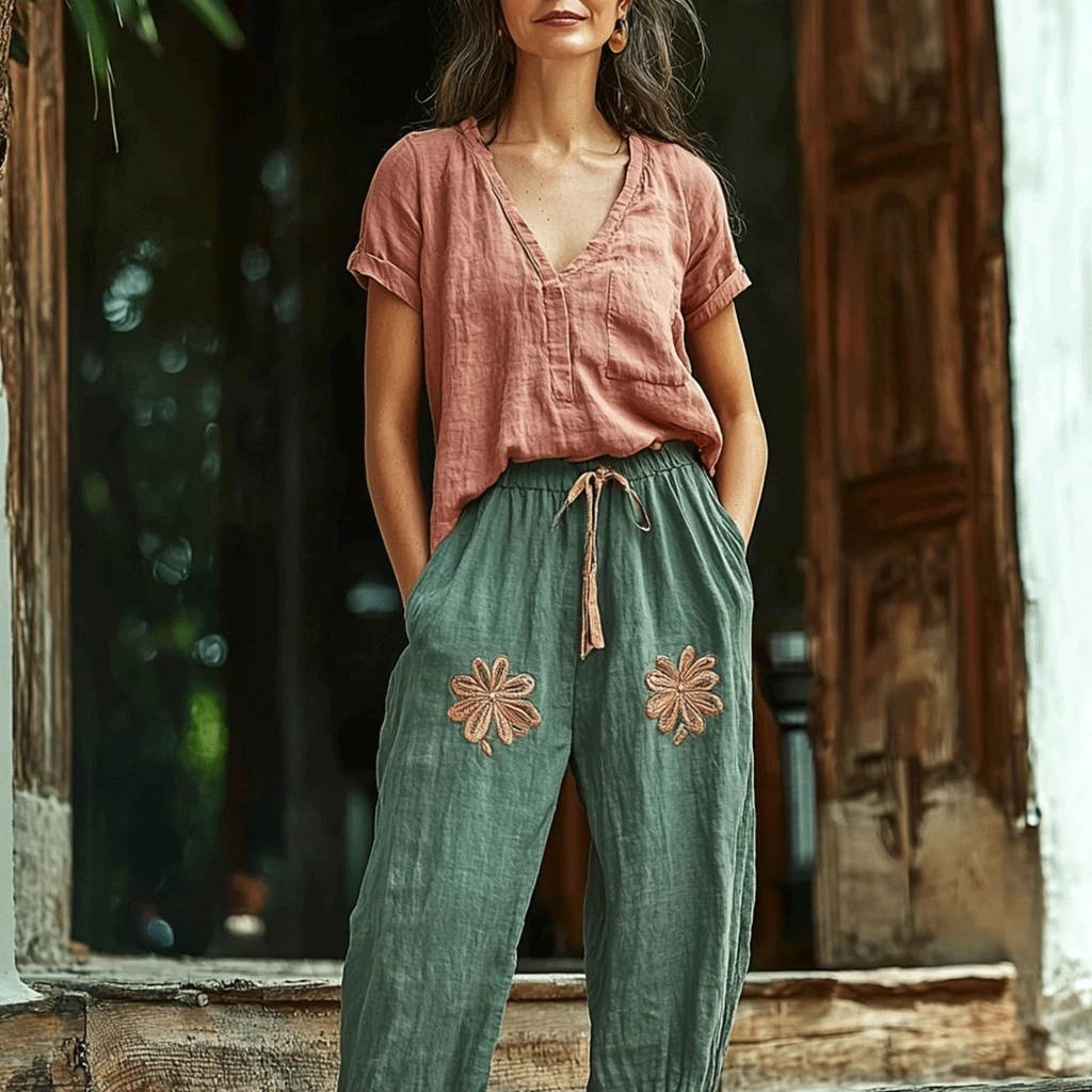 Women's Linen Bohemian Style Wide-leg Trousers Pants