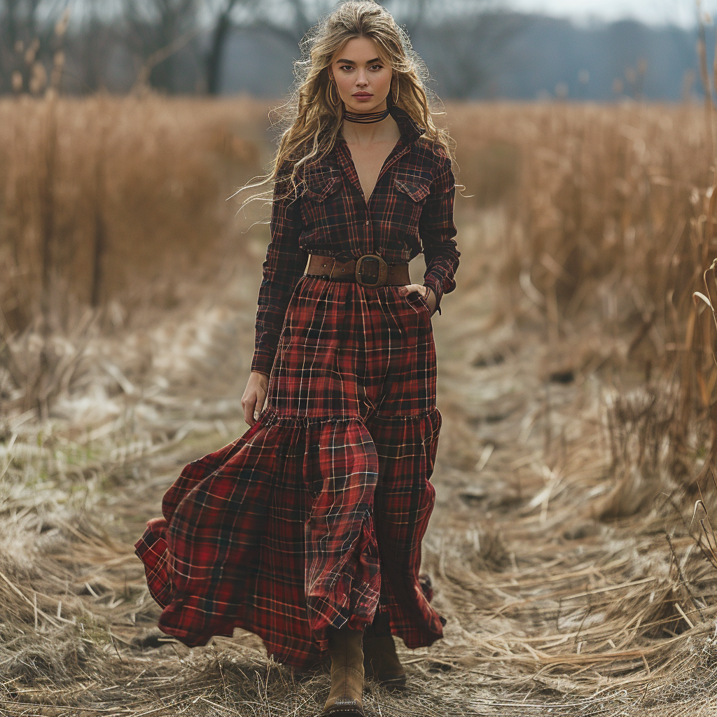 Women's Retro V-neck Plaid Long-sleeve Bohemian Pastoral Style Maxi Long Dress