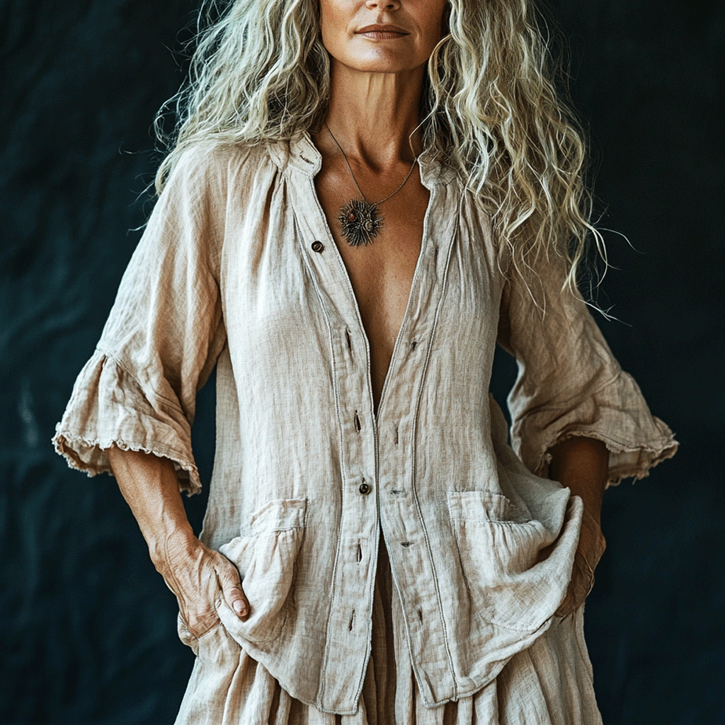 Women's Linen Bohemia Style Plain Long-sleeved Breathable Top Shirt