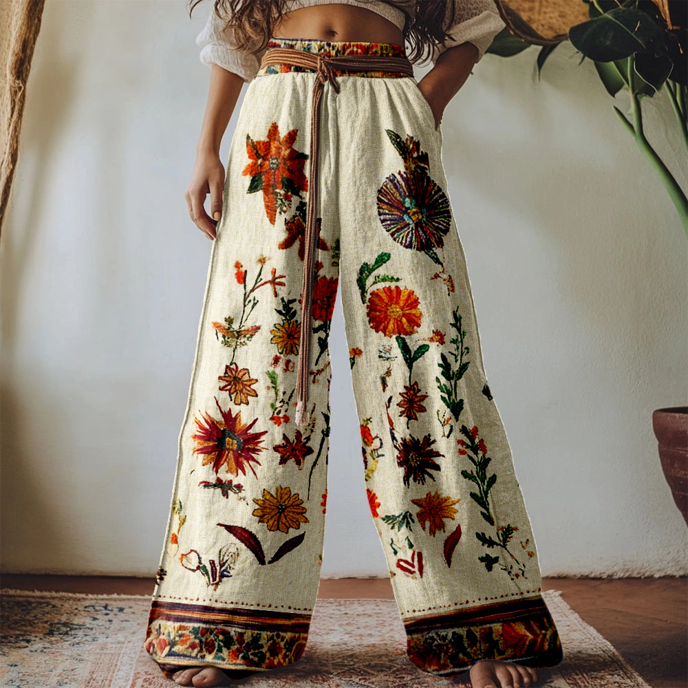 Vintage Floral Embroidered Linen Blend Comfy Pants 9ffe