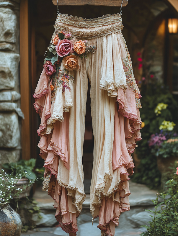 Summer ruffled cotton and linen patchwork contrast color pants effb