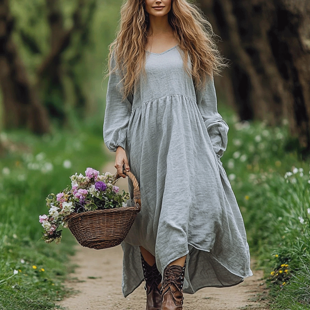 Women's Linen Bohemian Style Solid Ethnic Simple Long-sleeve Maxi Long Dress