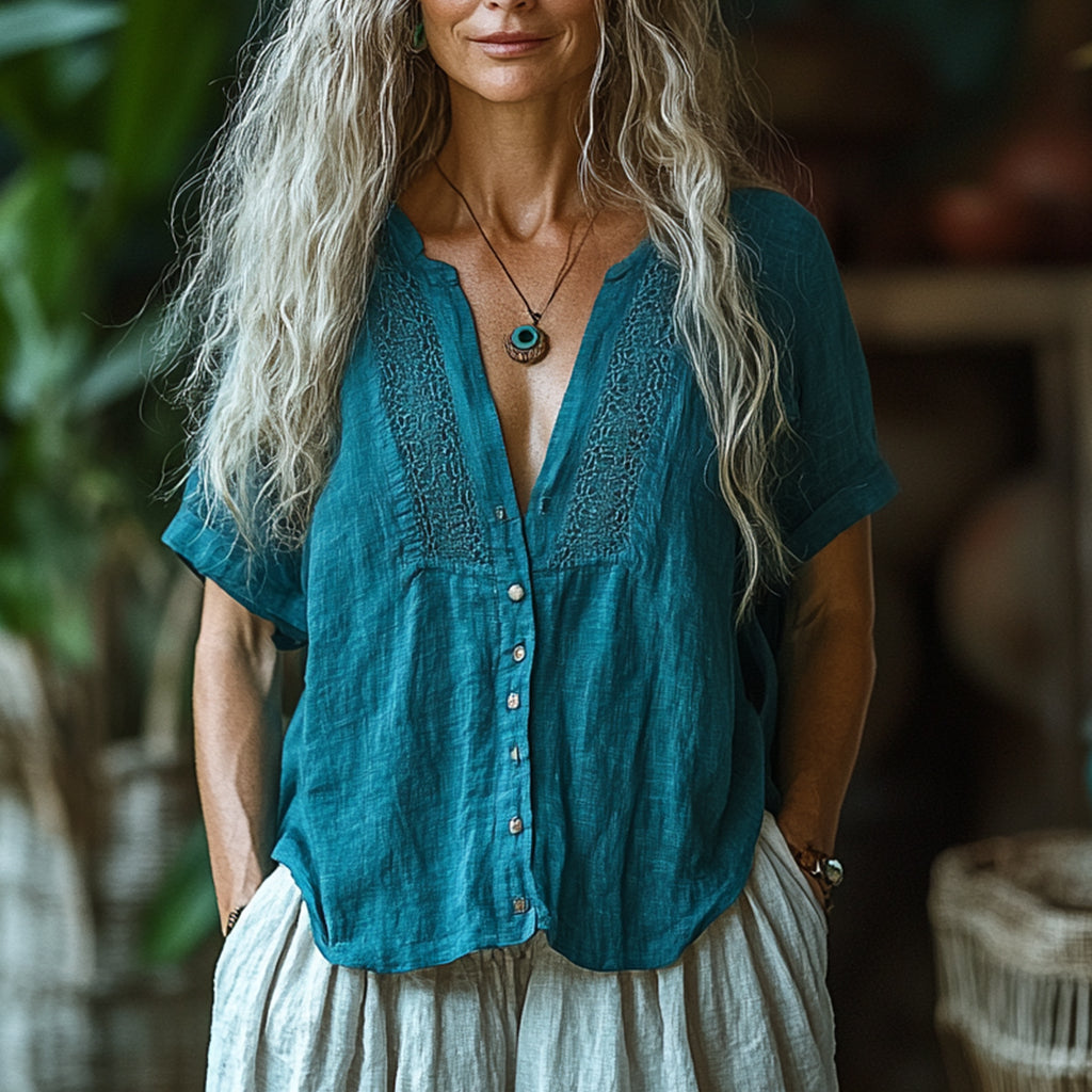 Women's Casual Bohemia Linen Style Short-sleeved Top Shirt