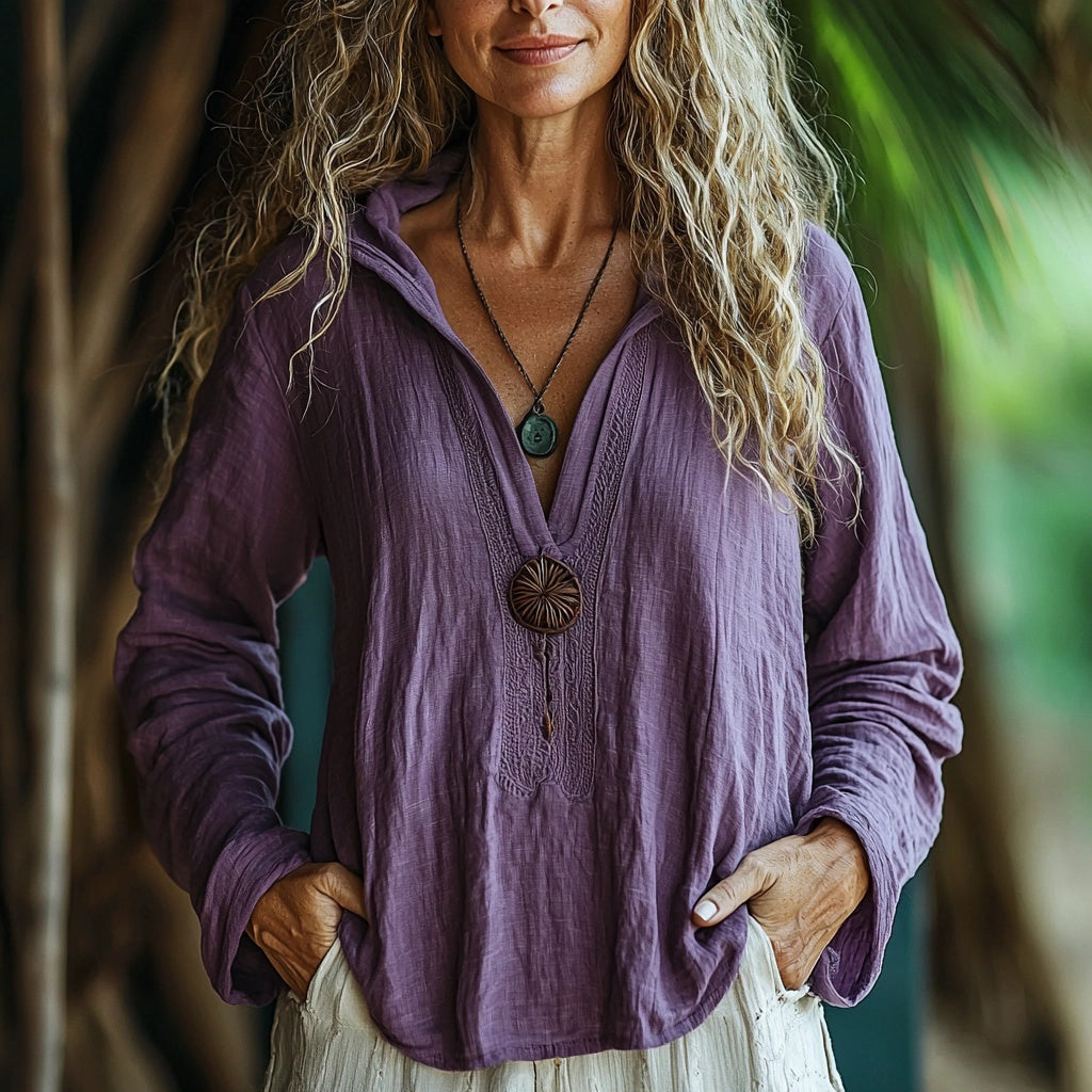 Women's Linen Solid Color Simple Long-sleeve Top Shirt