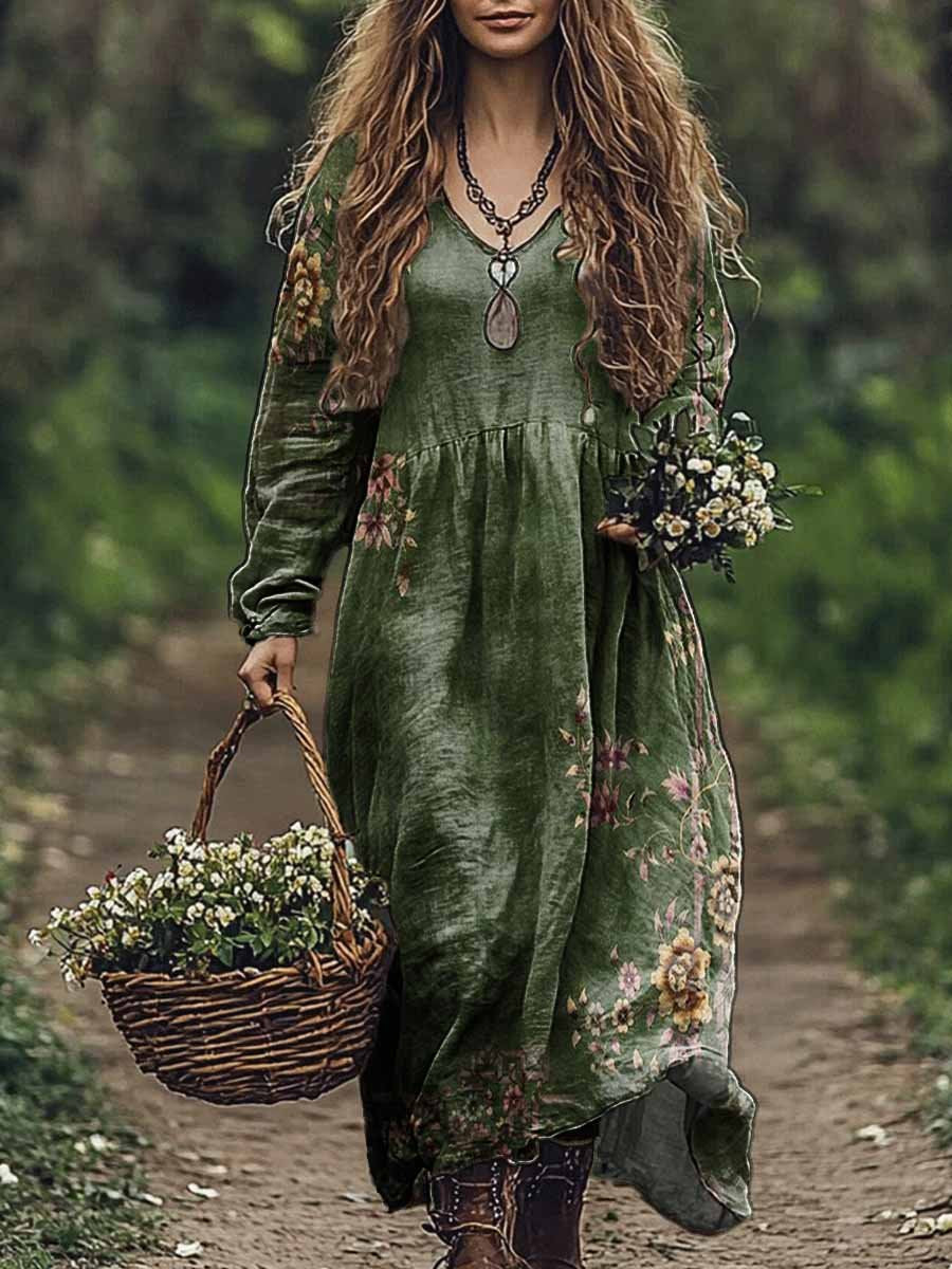 Women's Vintage Floral Print V Neck Pocket Cotton Dress