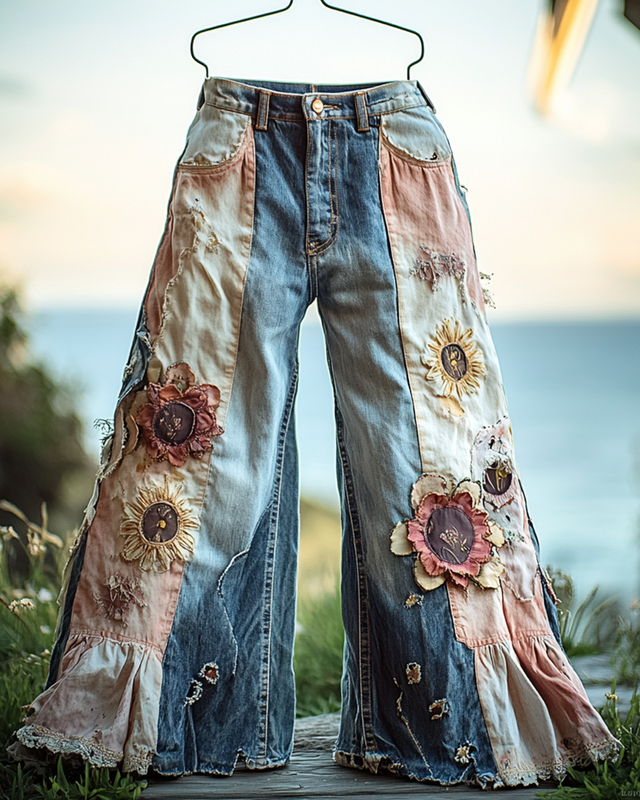 Summer Vacation Ruffle Lace Denim Patchwork Pants 788e