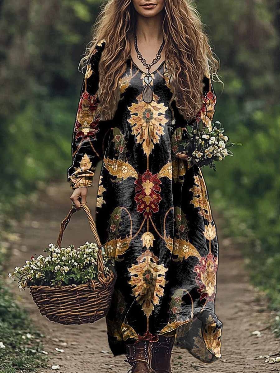 Women's Folk Floral Art Print V Neck Pocket Cotton Dress