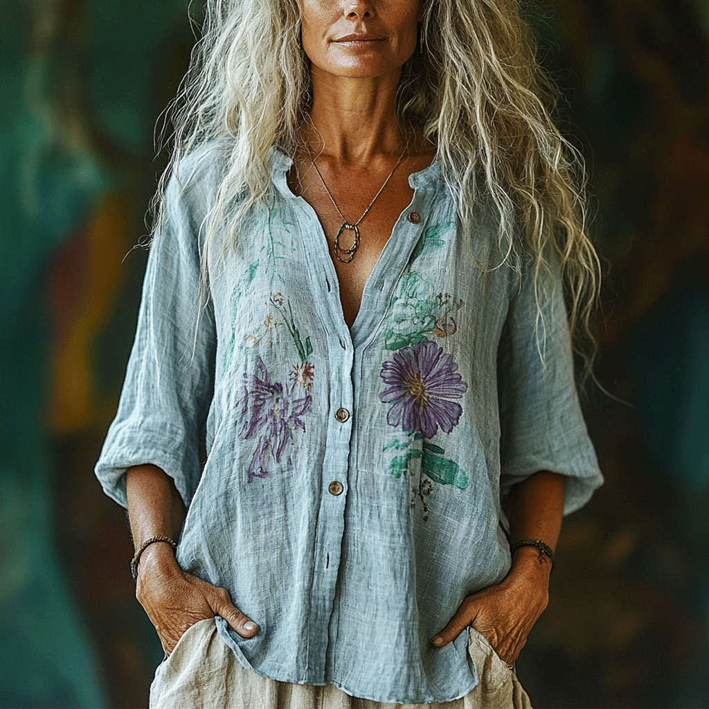 Women's Linen Bohemia Style Floral Long-sleeved Breathable Top Shirt