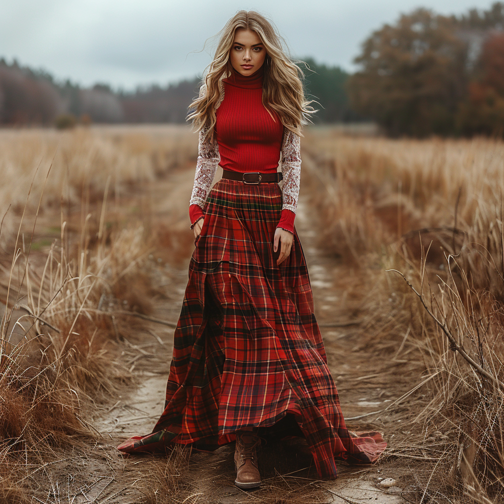 Women's Retro High Neck Long-sleeve Long Skirt Plaid Pastoral Style Maxi Long Dress