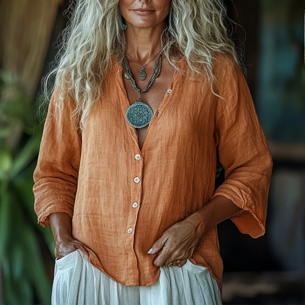 Women's Linen Bohemian Three Quarter Long-sleeve Top Shirt