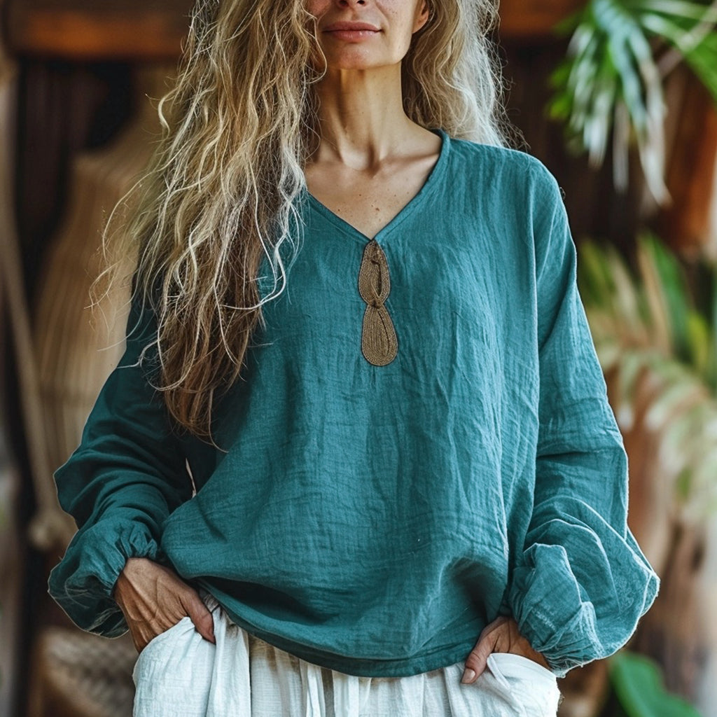 Women's Bohemian Linen V-neck Casual Loose Long-sleeve Top Shirt