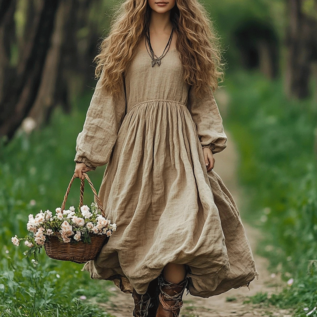 Women's Linen Bohemian Style Solid V-neck Casual Simple Loose Long-sleeve Maxi Long Dress