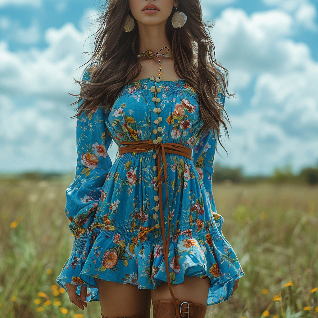 Women's Retro Floral Bohemian Pastoral Style Long-sleeved Mini Short Dress