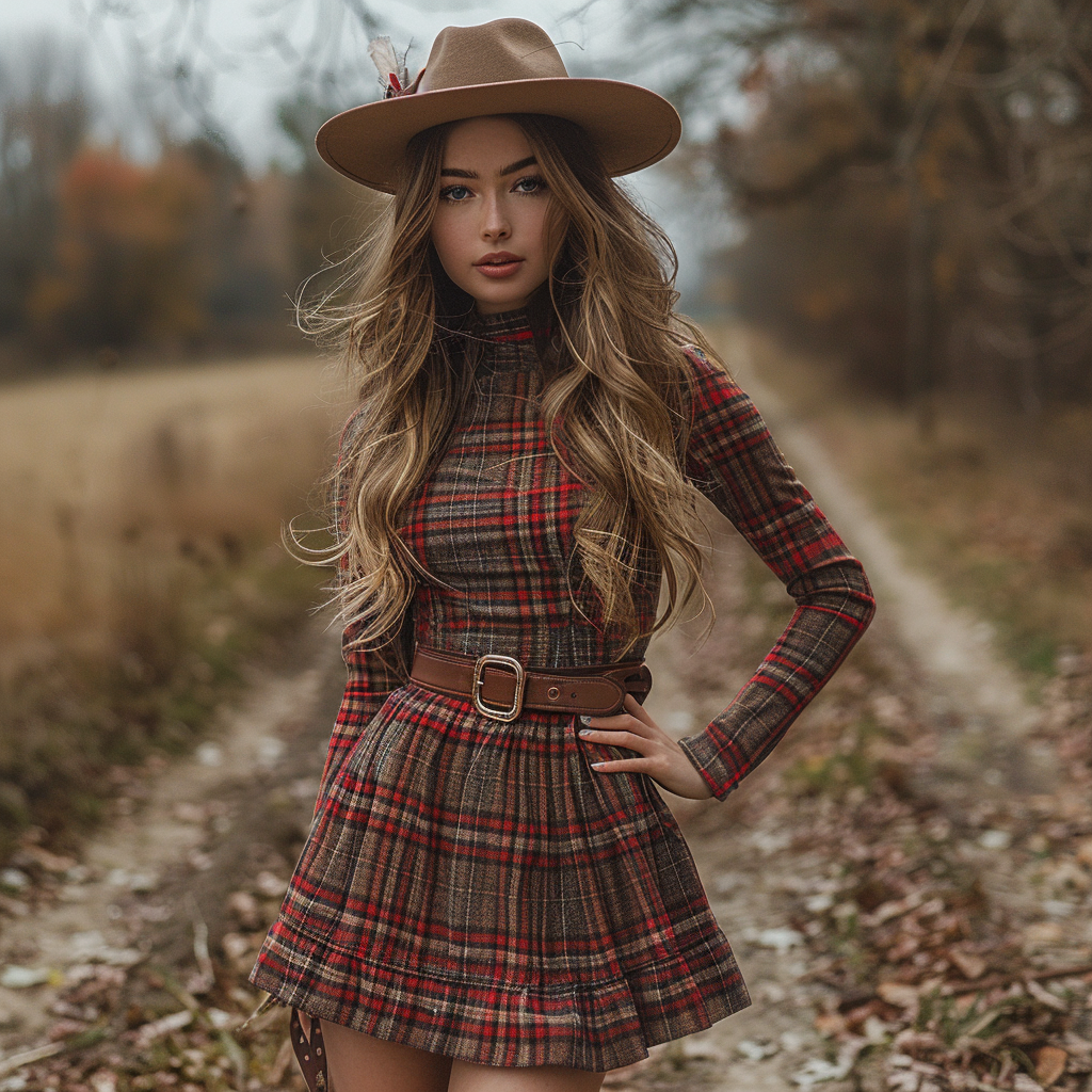 Women's Retro Plaid Pastoral Denim Style Long-sleeve Mini Short Dress