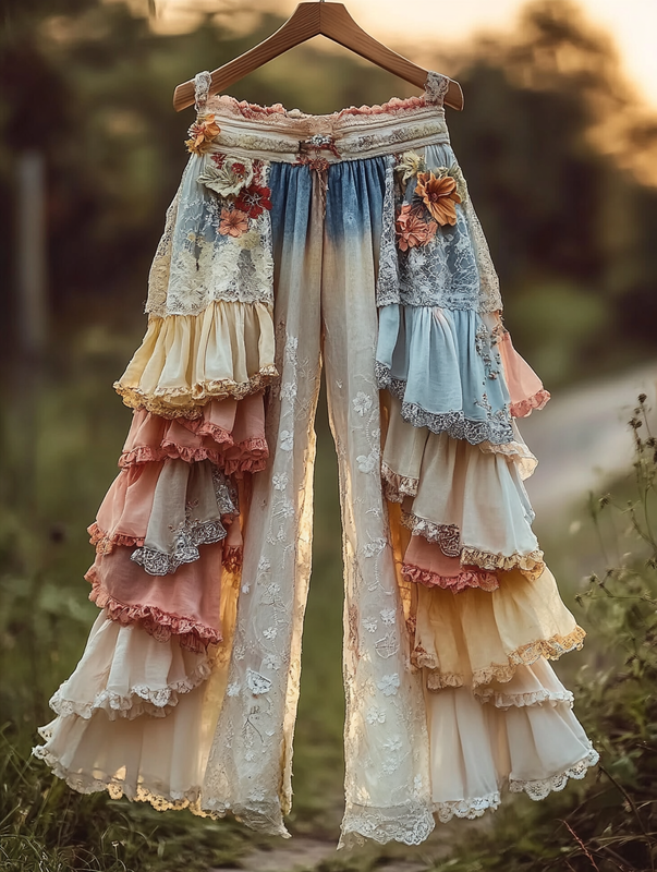 Summer rainbow lace hand-embroidered patchwork pants d5a1